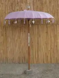 Bali-Schirm, violette Tulpe mit Metallmünzen und silbernen Herzen, ø 190 cm und 250cm Höhe 